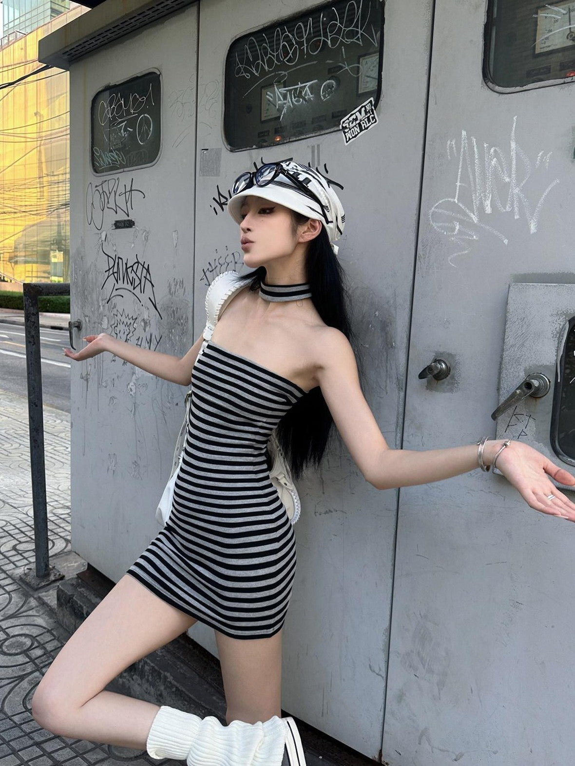 Fanptntox Black Grey Striped Strapless High Waist Women's Bodycon Mini Dresses