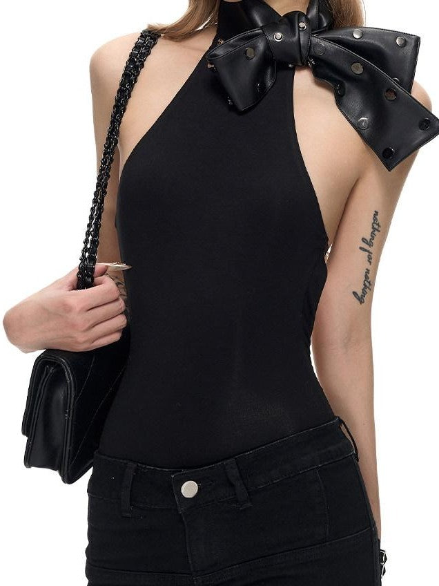 Fanptntox Black Halter Tie Backless Slim Knit Women's Viscose Basic Bodysuits