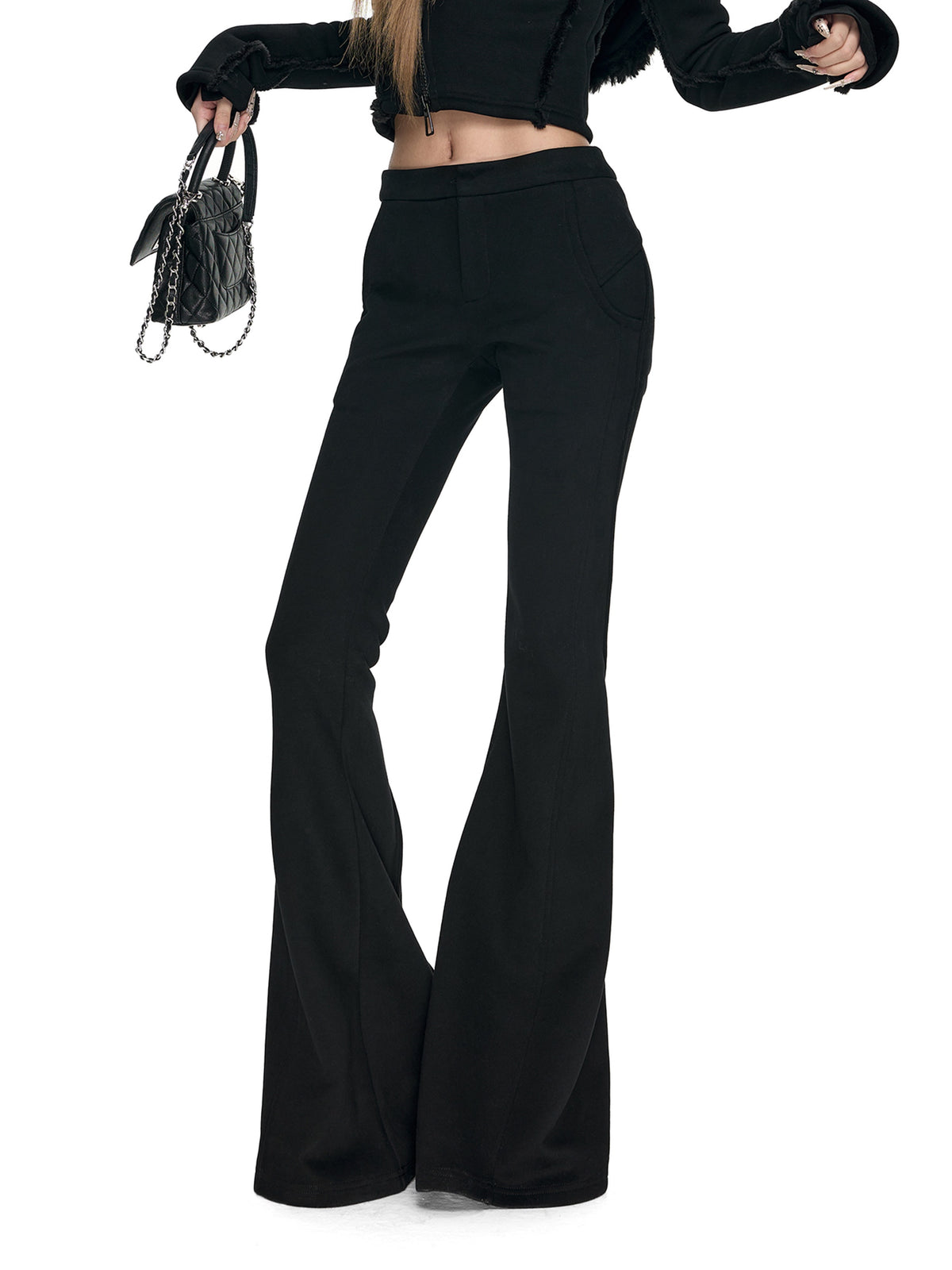 Fanptntox_Black_Knit_Low_Waist_Slim_Women's_Thick_Fleece_Lined_Flare_Pants_999563972007_MISSTT