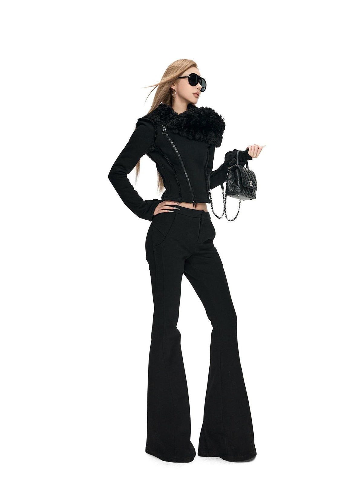 Fanptntox Black Knit Low Waist Slim Women's Thick Fleece Lined Flare Pants