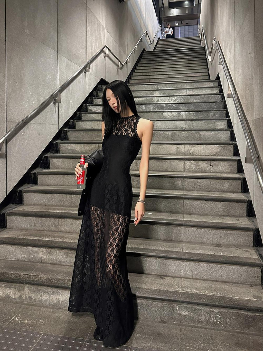 Fanptntox Black Lace Sleeveless High Waist Mermaid Two Piece Women's Mesh Maxi Dresses