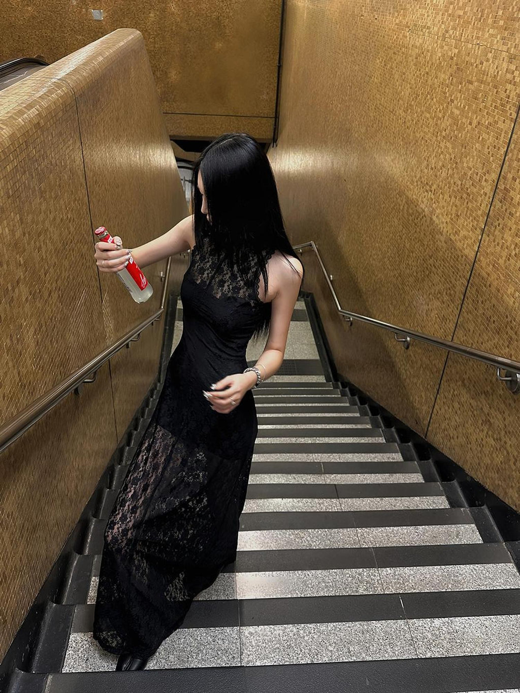 Fanptntox Black Lace Sleeveless High Waist Mermaid Two Piece Women's Mesh Maxi Dresses