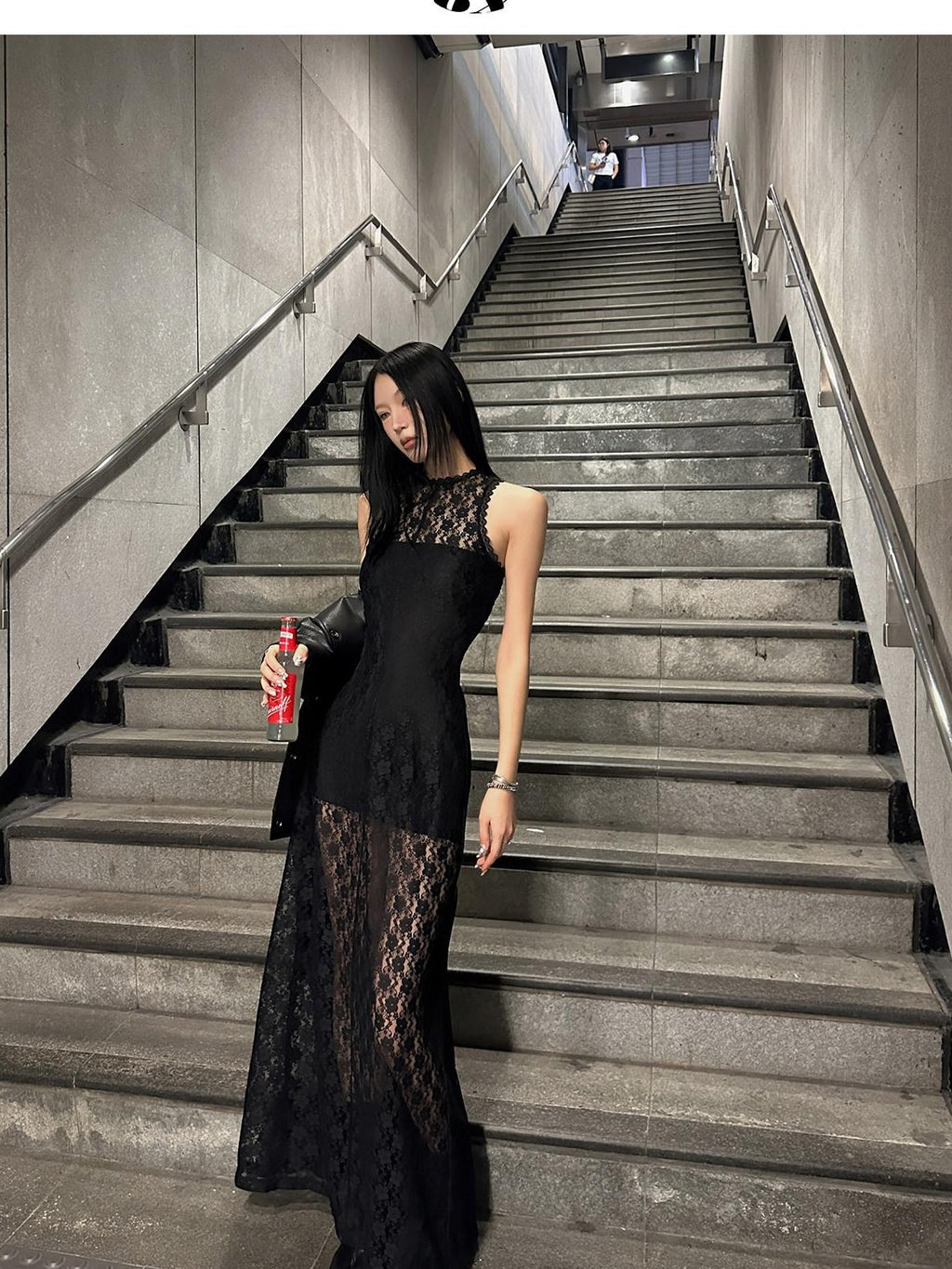 Fanptntox Black Lace Sleeveless High Waist Mermaid Two Piece Women's Mesh Maxi Dresses