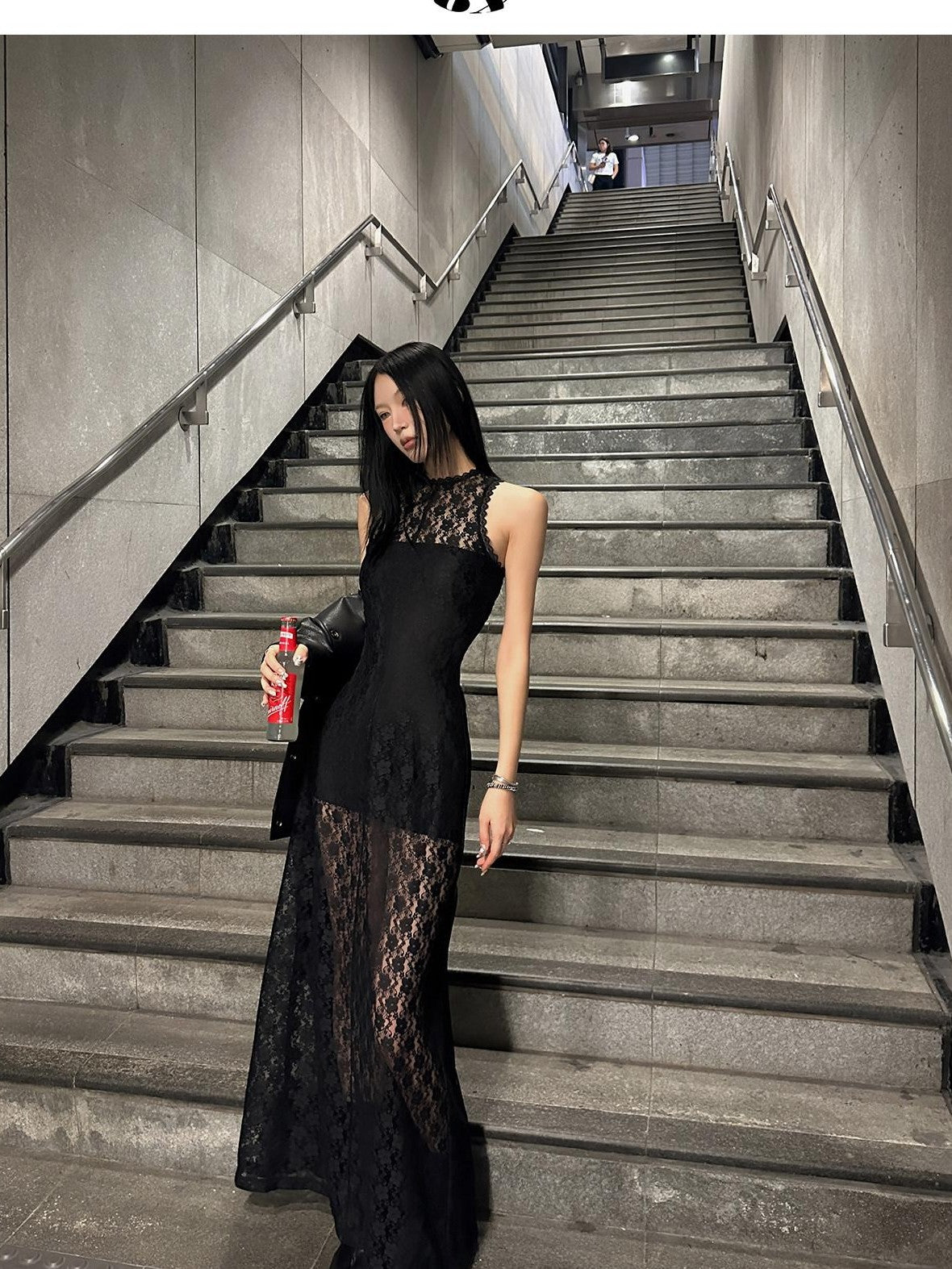 Fanptntox Black Lace Sleeveless High Waist Mermaid Two Piece Women's Mesh Maxi Dresses