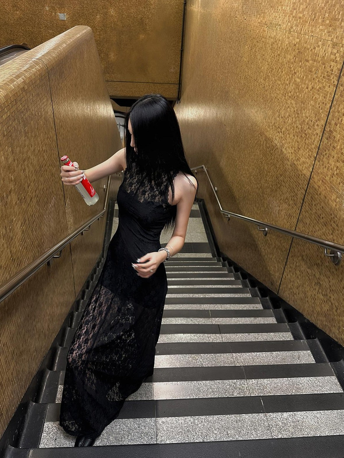 Fanptntox Black Lace Sleeveless High Waist Mermaid Two Piece Women's Mesh Maxi Dresses