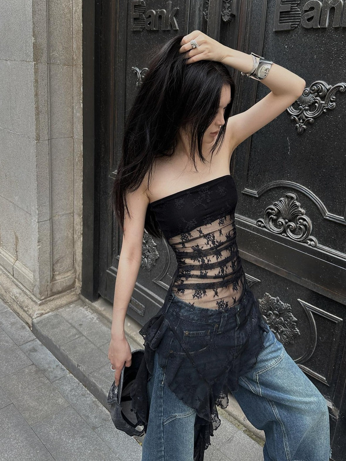 Fanptntox Black Lace Trim Off Shoulder Slim Fit Cropped Women's Tube Tops