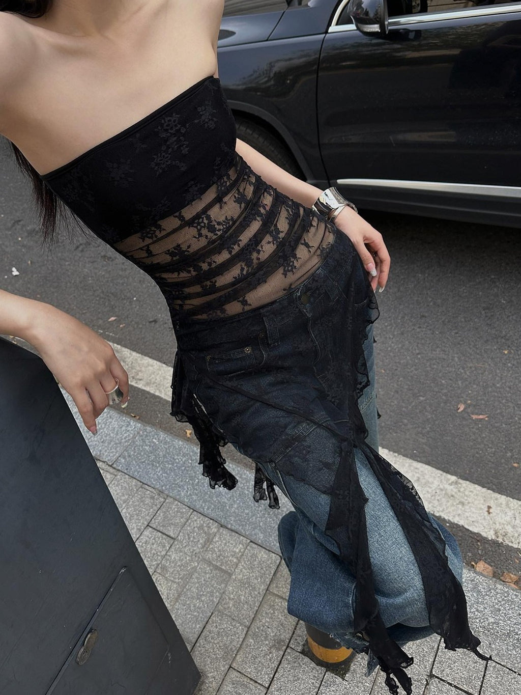 Fanptntox Black Lace Trim Off Shoulder Slim Fit Cropped Women's Tube Tops