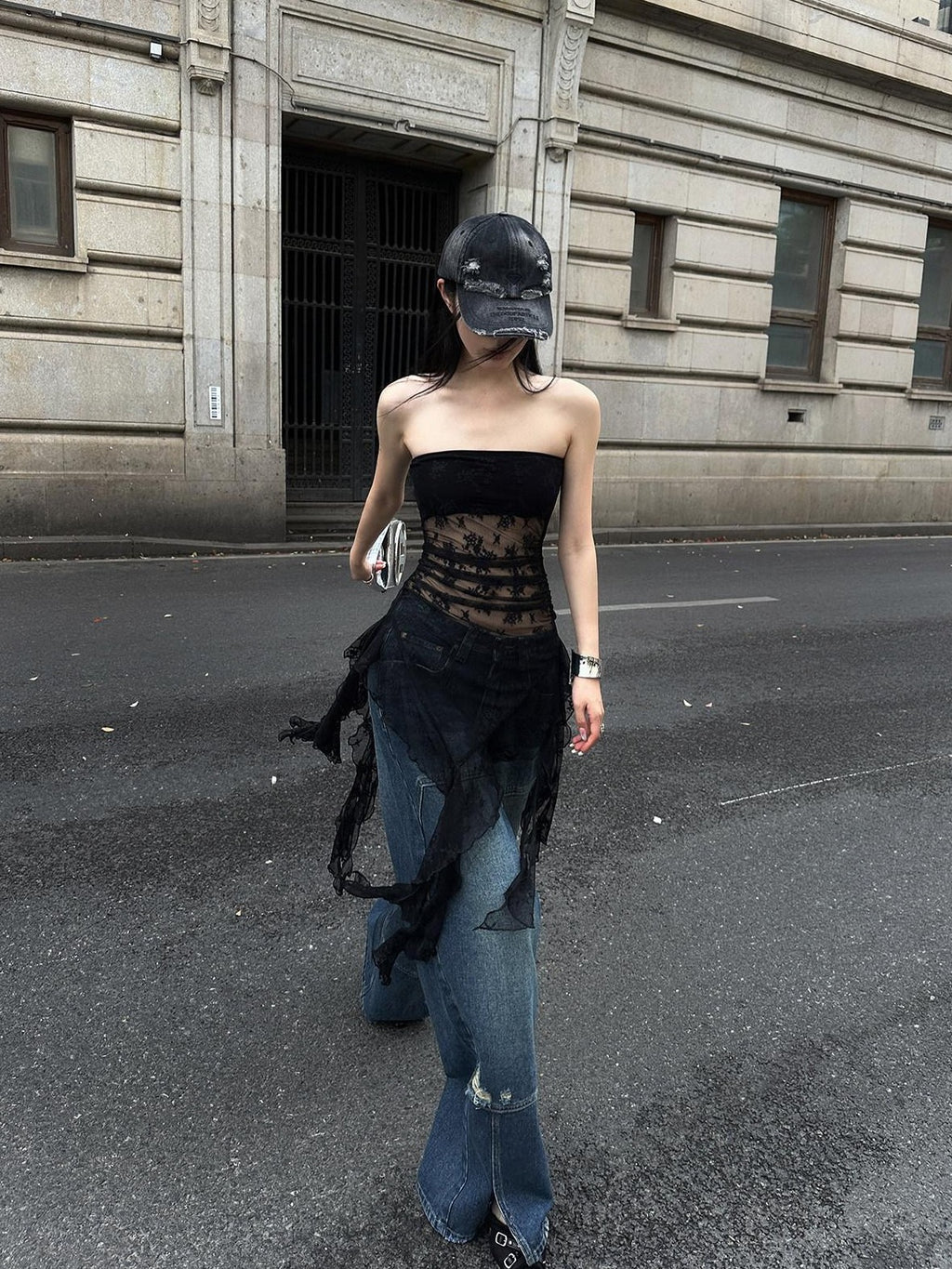 Fanptntox Black Lace Trim Off Shoulder Slim Fit Cropped Women's Tube Tops