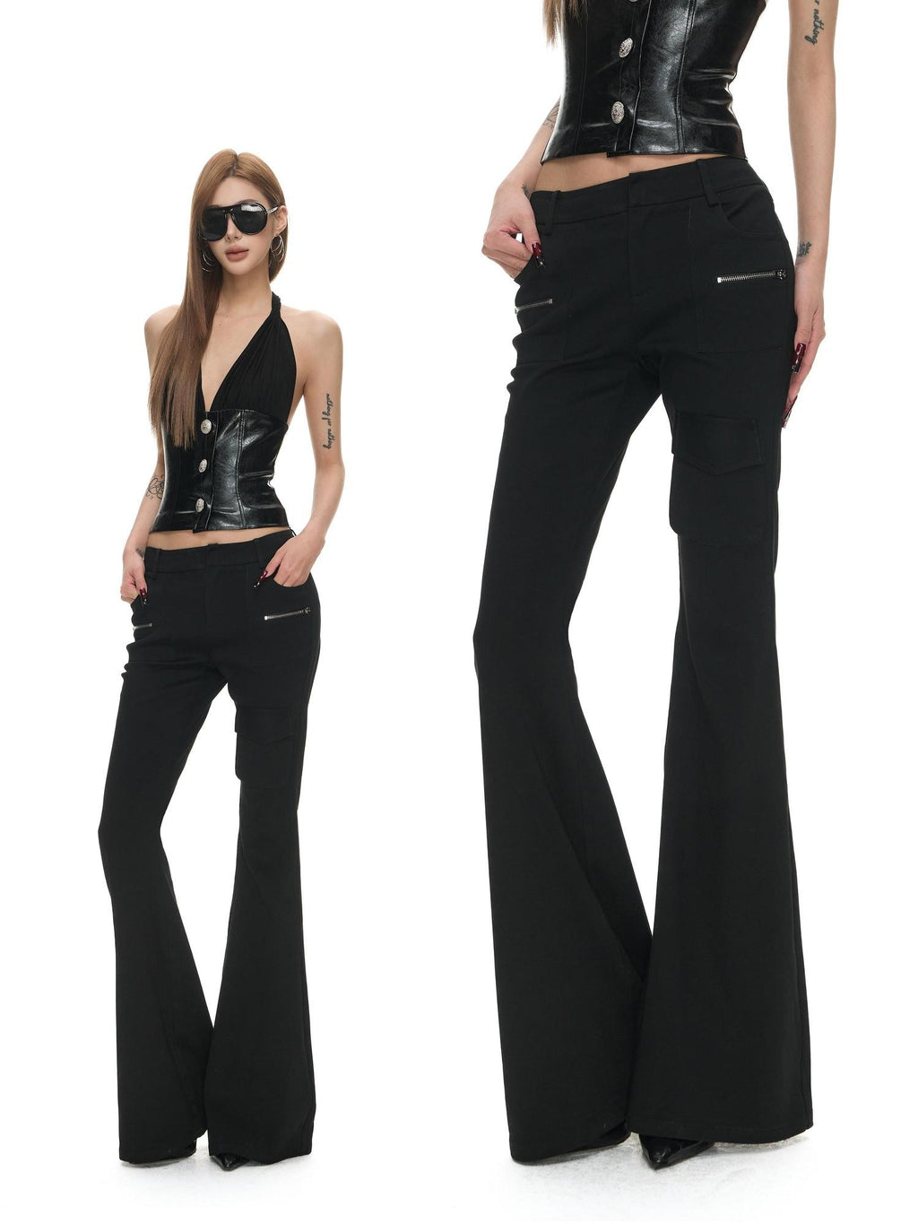 Fanptntox Black Low Rise Double Zipper Slimming Women's Viscose Blend Bootcut Pants
