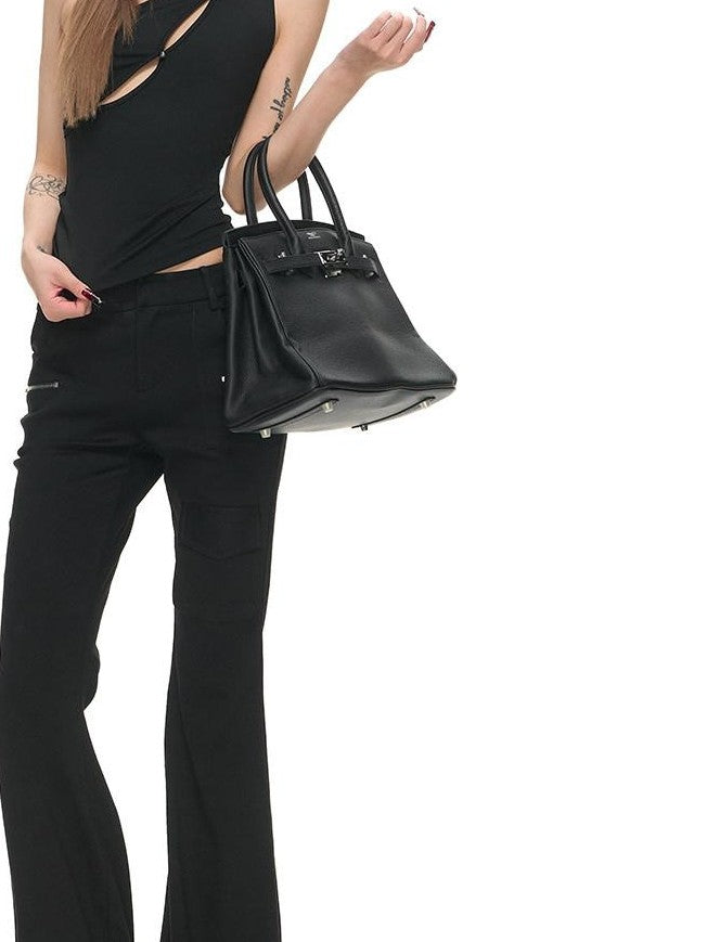 Fanptntox Black Low Rise Double Zipper Slimming Women's Viscose Blend Bootcut Pants