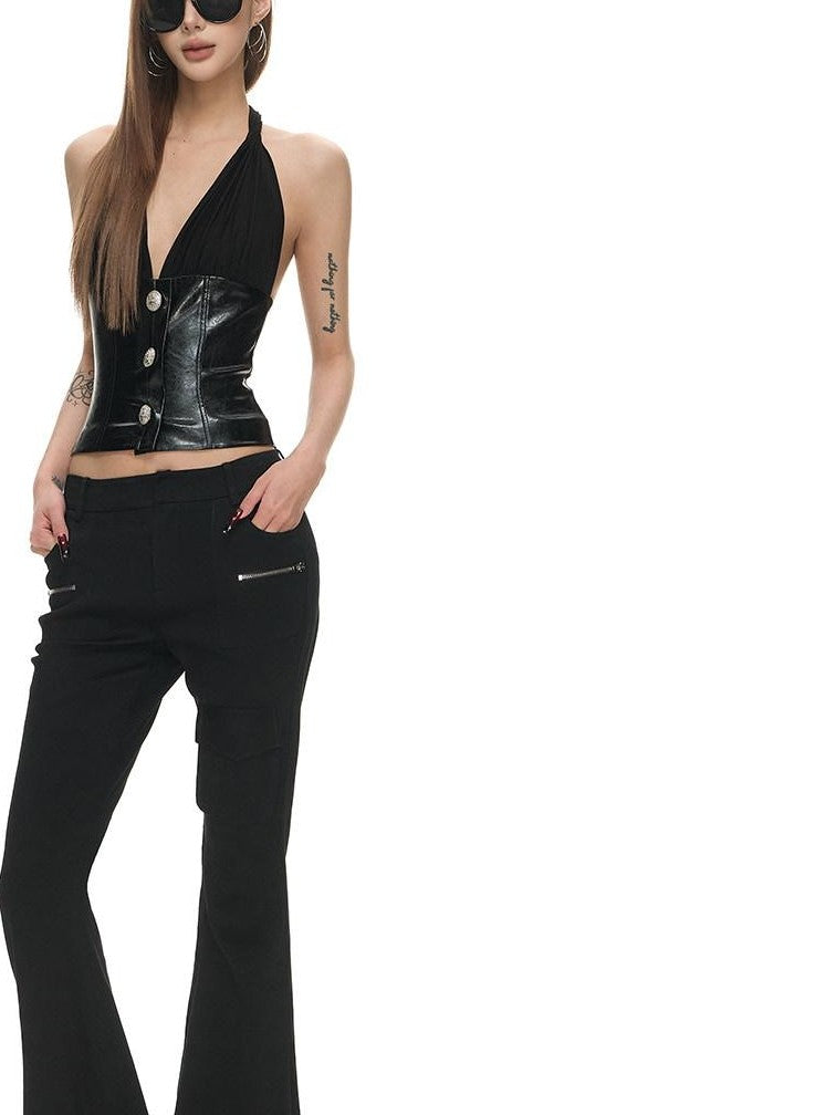 Fanptntox Black Low Rise Double Zipper Slimming Women's Viscose Blend Bootcut Pants