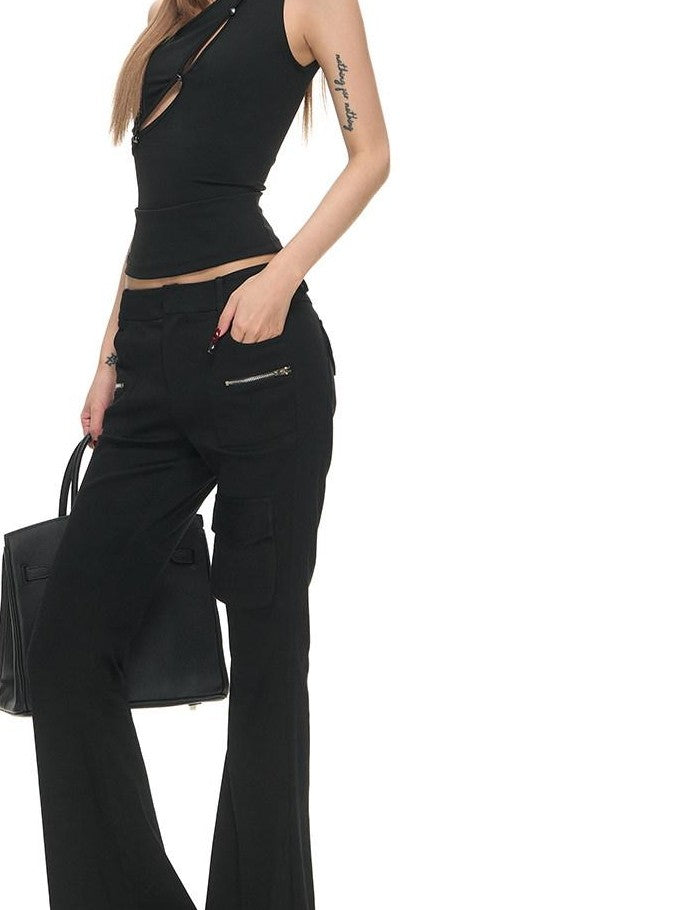 Fanptntox Black Low Rise Double Zipper Slimming Women's Viscose Blend Bootcut Pants