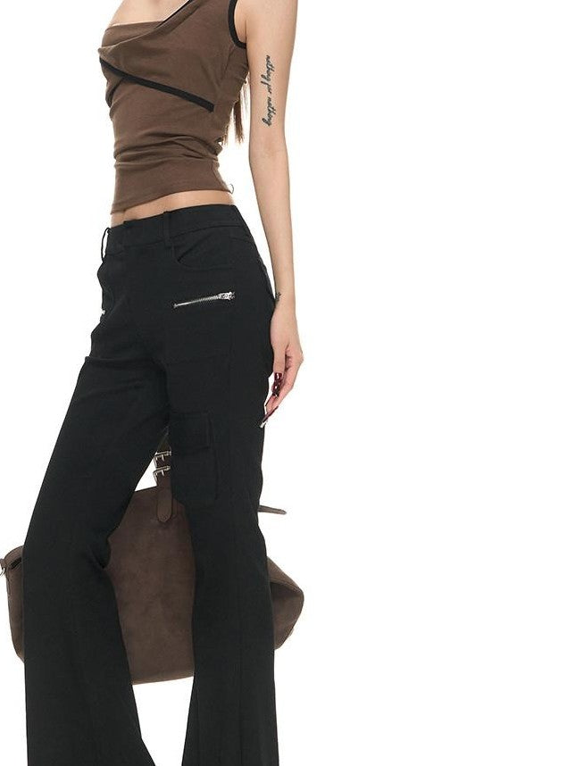 Fanptntox Black Low Rise Double Zipper Slimming Women's Viscose Blend Bootcut Pants