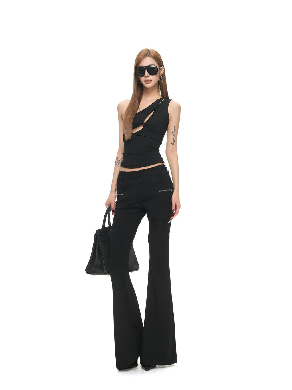 Fanptntox Black Low Rise Double Zipper Slimming Women's Viscose Blend Bootcut Pants