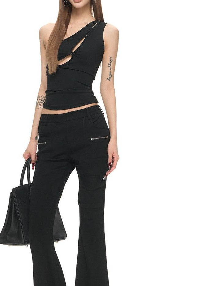 Fanptntox Black Low Rise Double Zipper Slimming Women's Viscose Blend Bootcut Pants