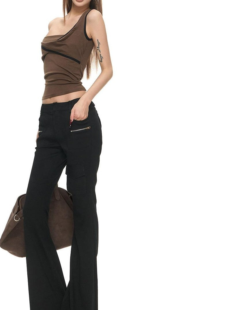 Fanptntox Black Low Rise Double Zipper Slimming Women's Viscose Blend Bootcut Pants