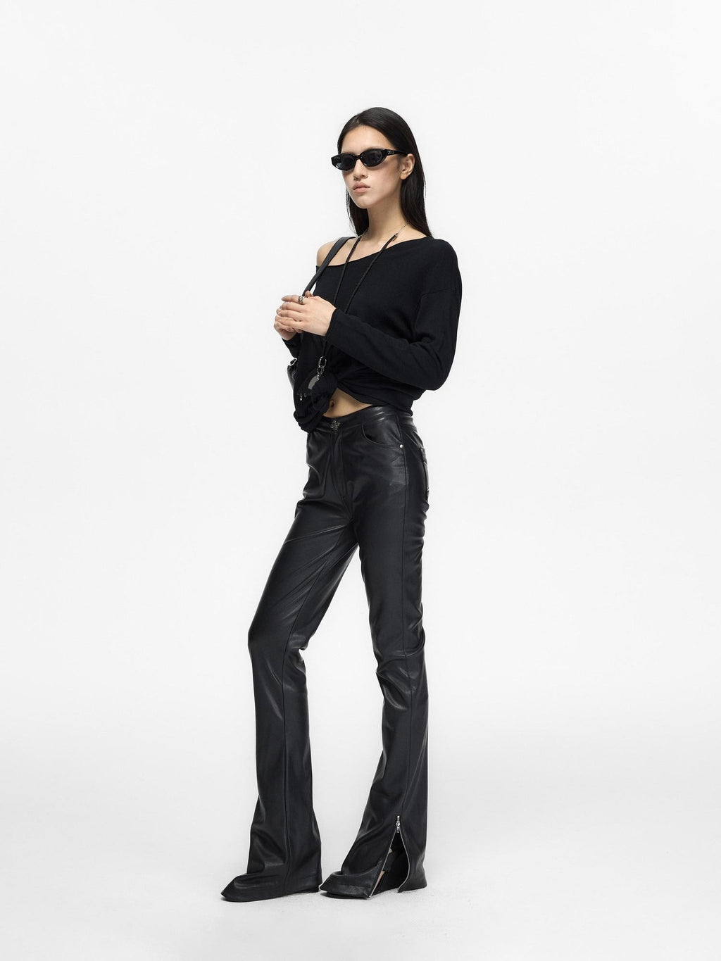 Fanptntox Black Low Waist Slim Straight Designed Waist Zipper Fly Women's Pu Leather Pants