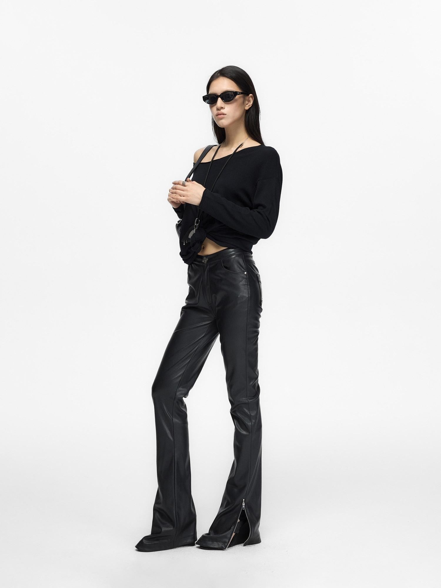 Fanptntox Black Low Waist Slim Straight Designed Waist Zipper Fly Women's Pu Leather Pants