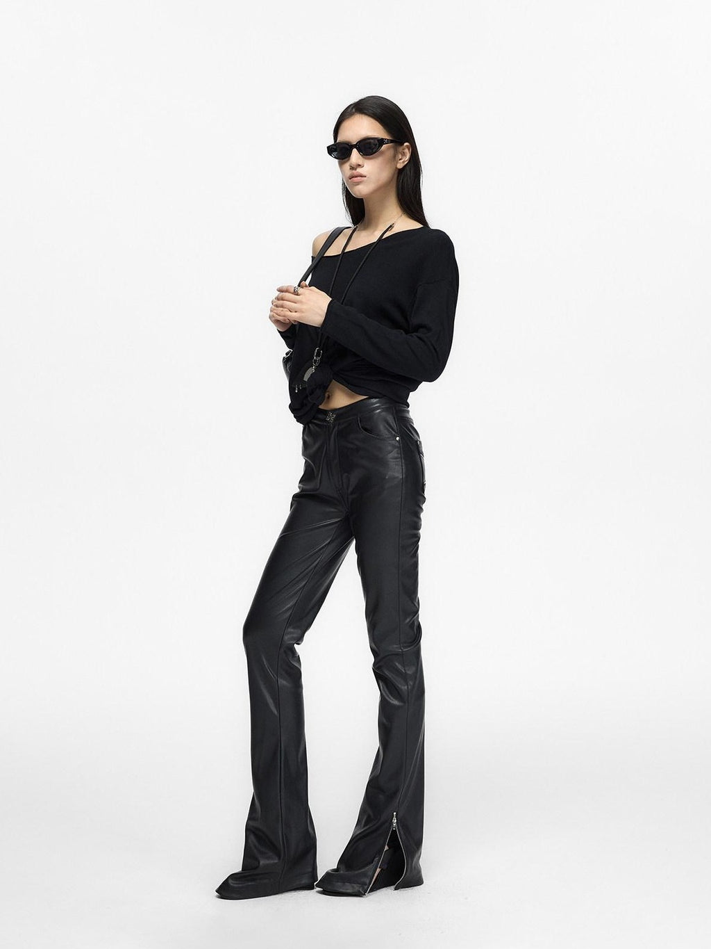 Fanptntox Black Low Waist Slim Straight Designed Waist Zipper Fly Women's Pu Leather Pants