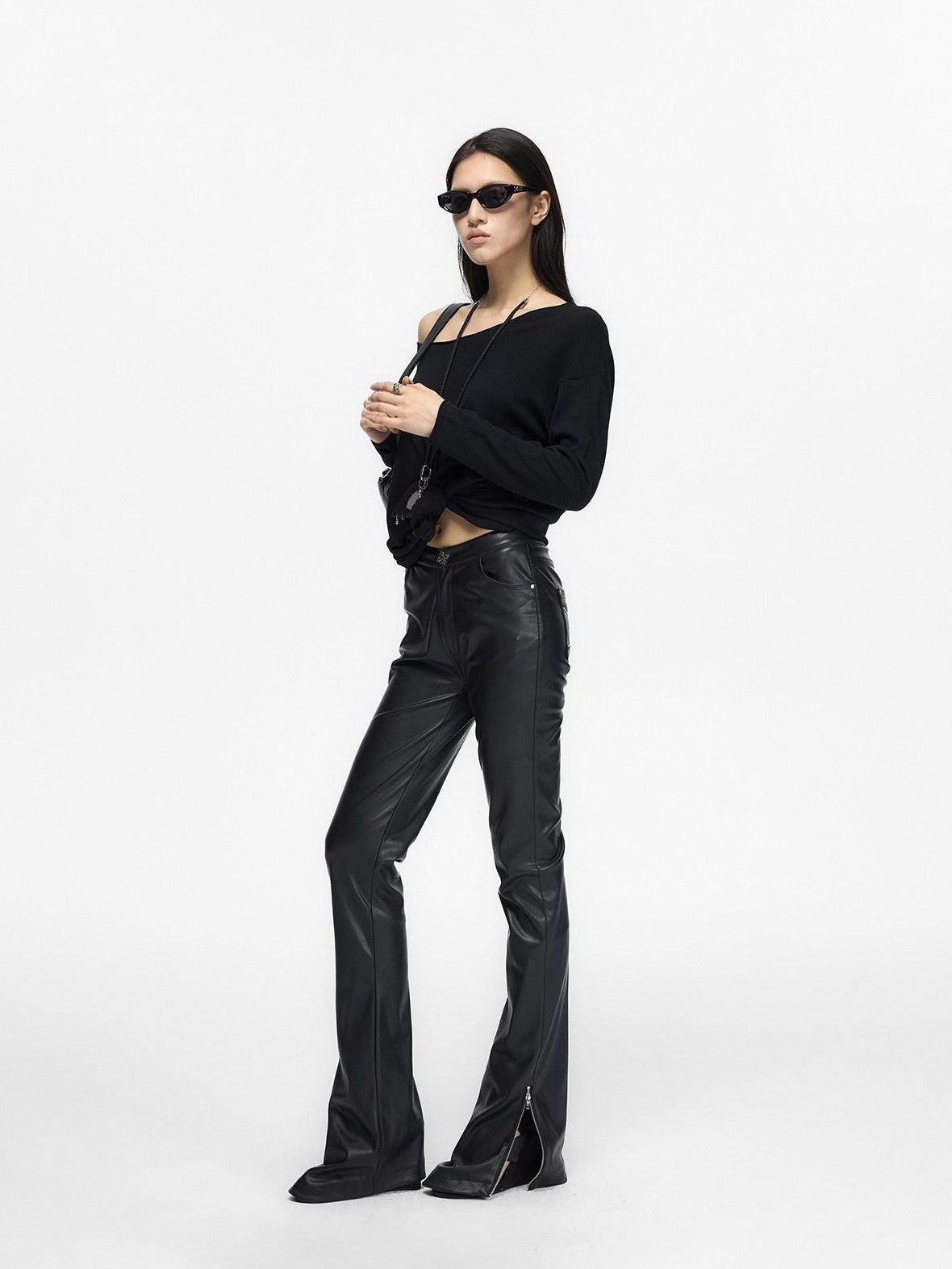 Fanptntox Black Low Waist Slim Straight Designed Waist Zipper Fly Women's Pu Leather Pants