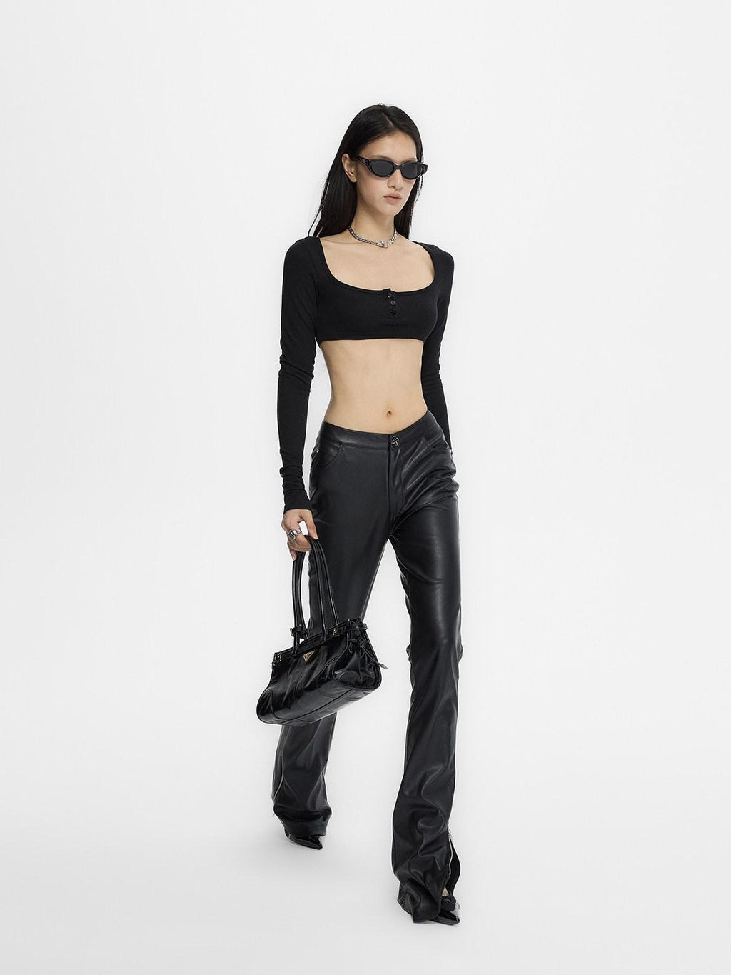 Fanptntox Black Low Waist Slim Straight Designed Waist Zipper Fly Women's Pu Leather Pants