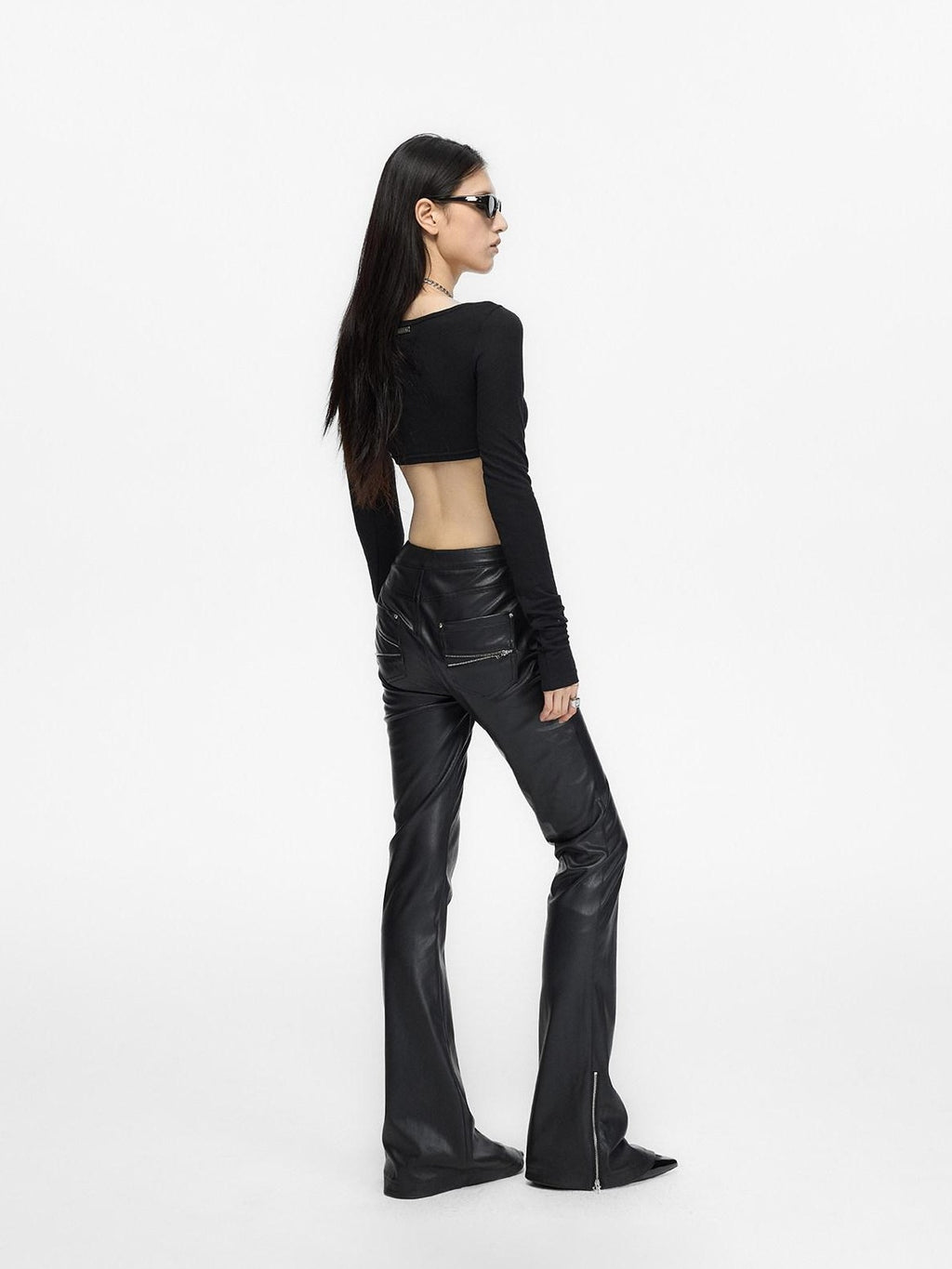 Fanptntox Black Low Waist Slim Straight Designed Waist Zipper Fly Women's Pu Leather Pants