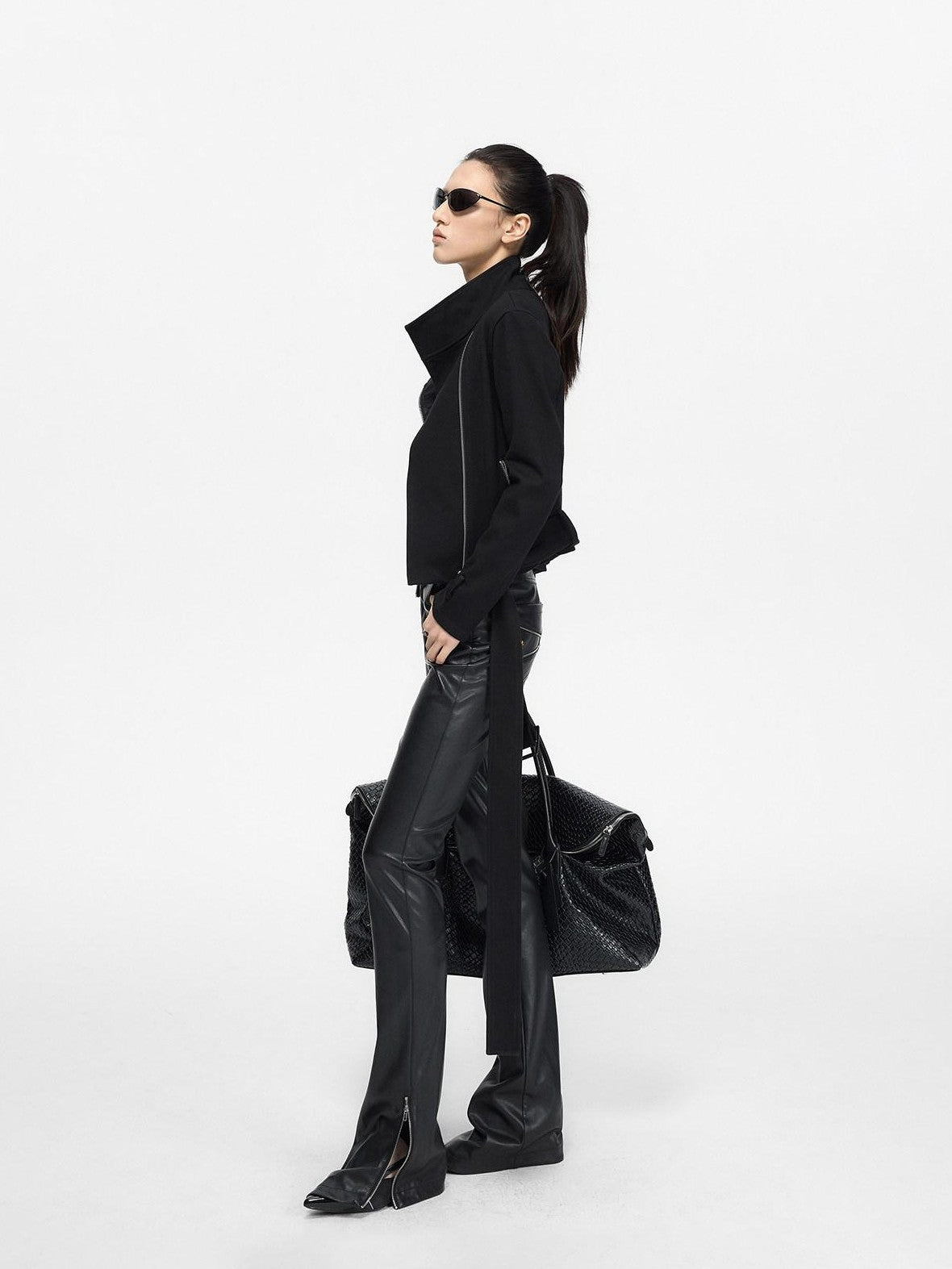 Fanptntox Black Low Waist Slim Straight Designed Waist Zipper Fly Women's Pu Leather Pants