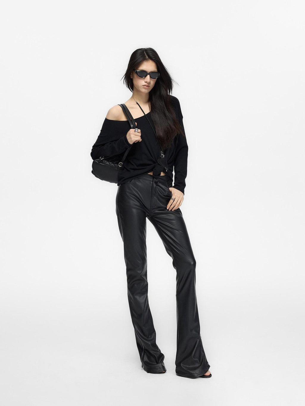 Fanptntox Black Low Waist Slim Straight Designed Waist Zipper Fly Women's Pu Leather Pants