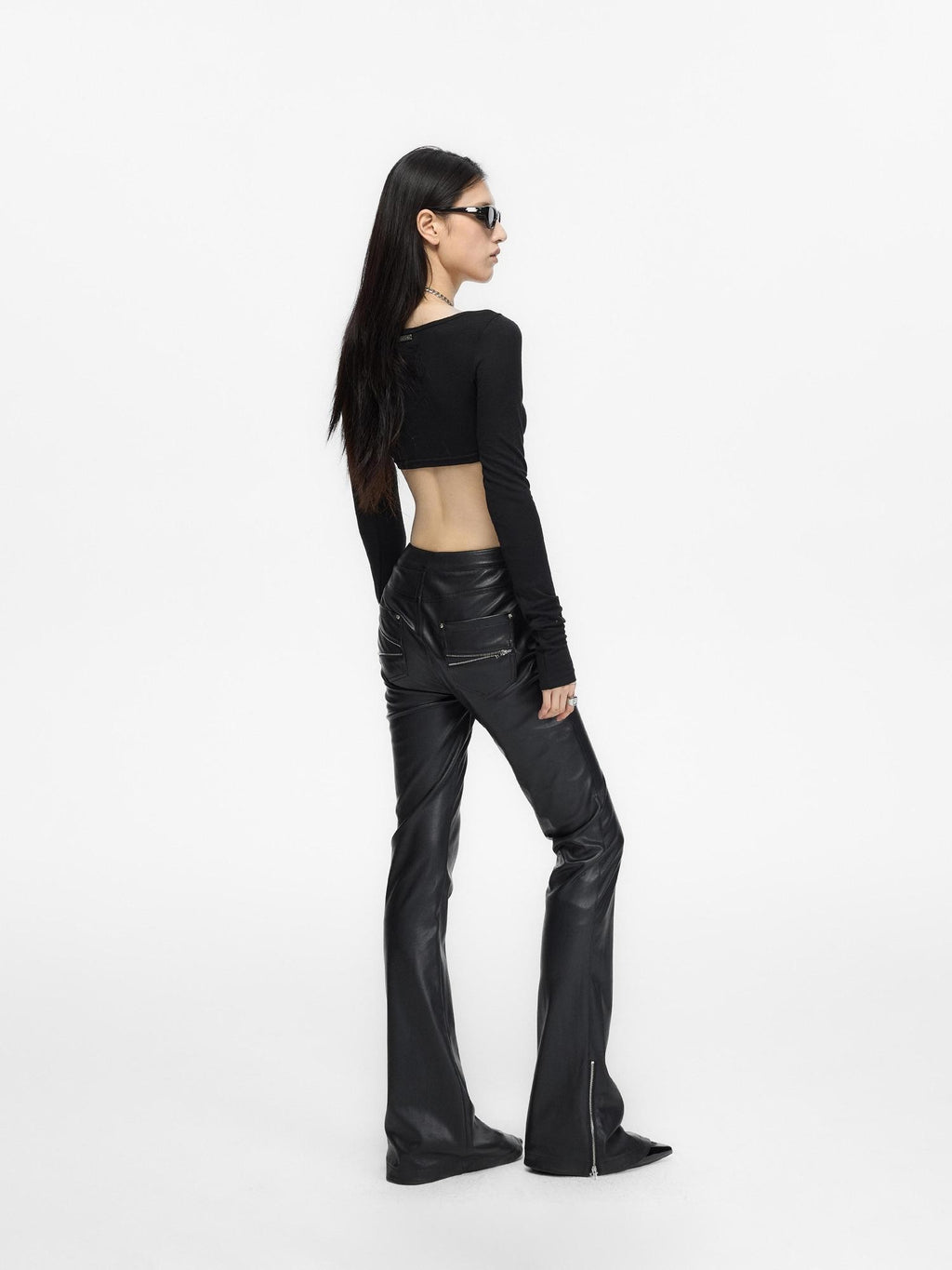 Fanptntox Black Low Waist Slim Straight Designed Waist Zipper Fly Women's Pu Leather Pants