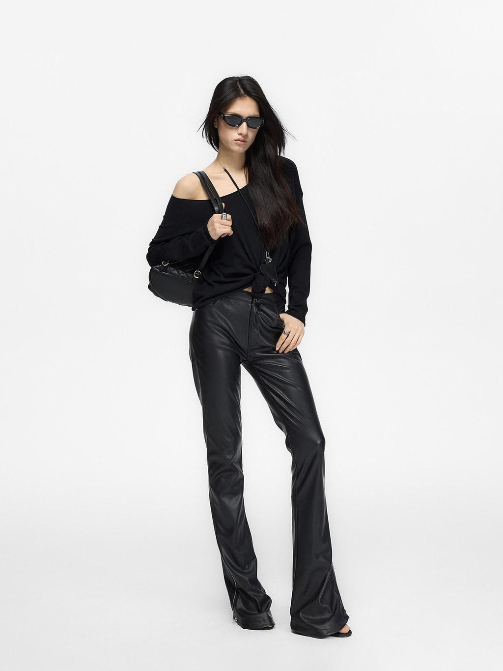 Fanptntox Black Low Waist Slim Straight Designed Waist Zipper Fly Women's Pu Leather Pants