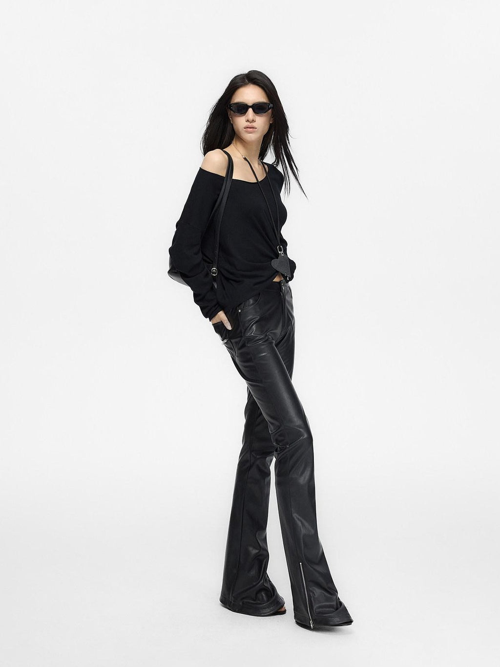 Fanptntox Black Low Waist Slim Straight Designed Waist Zipper Fly Women's Pu Leather Pants