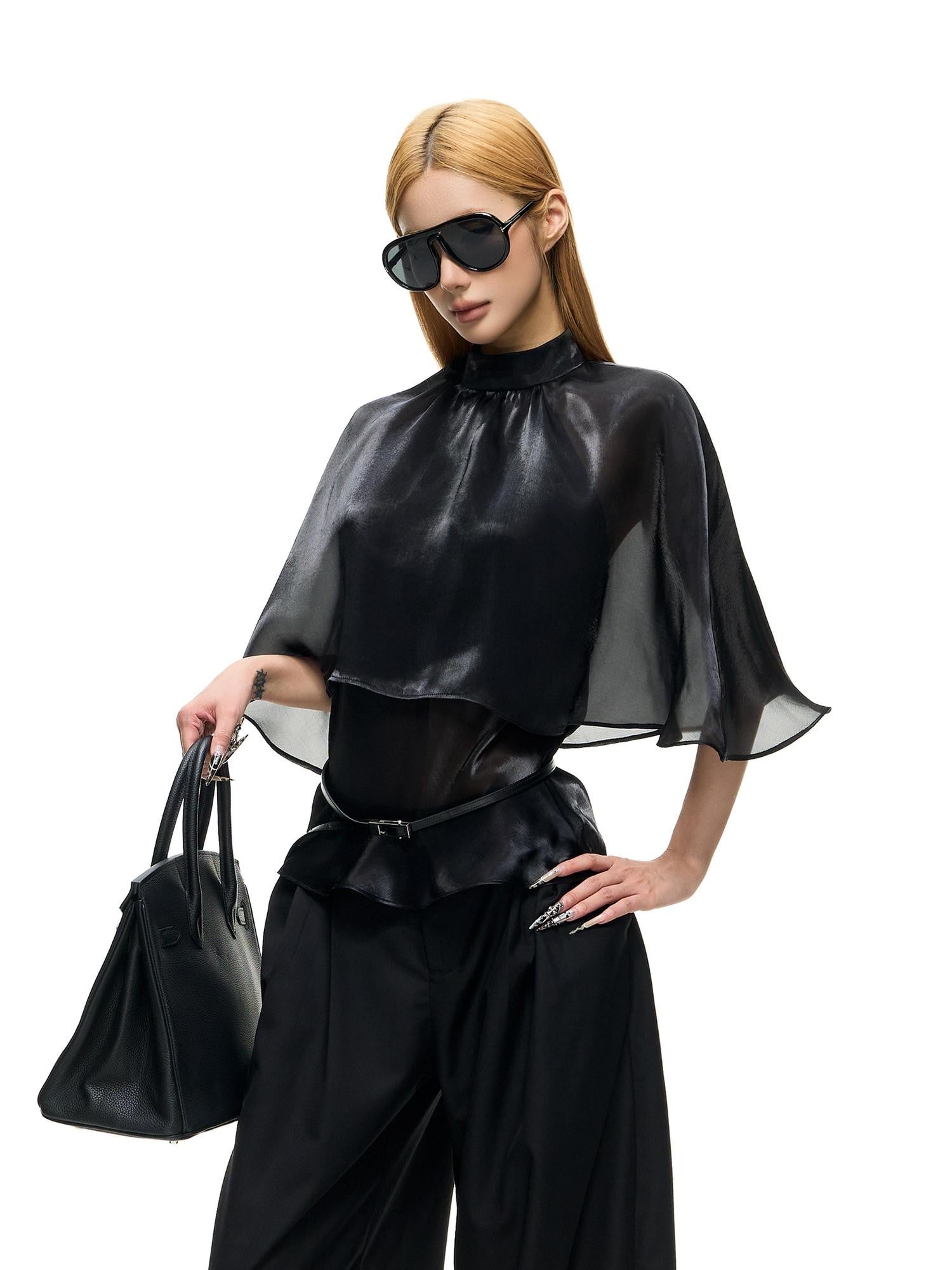 Fanptntox Black Mesh Shawl Cape Lace False Two Piece Women's Long Sleeve T-shirts