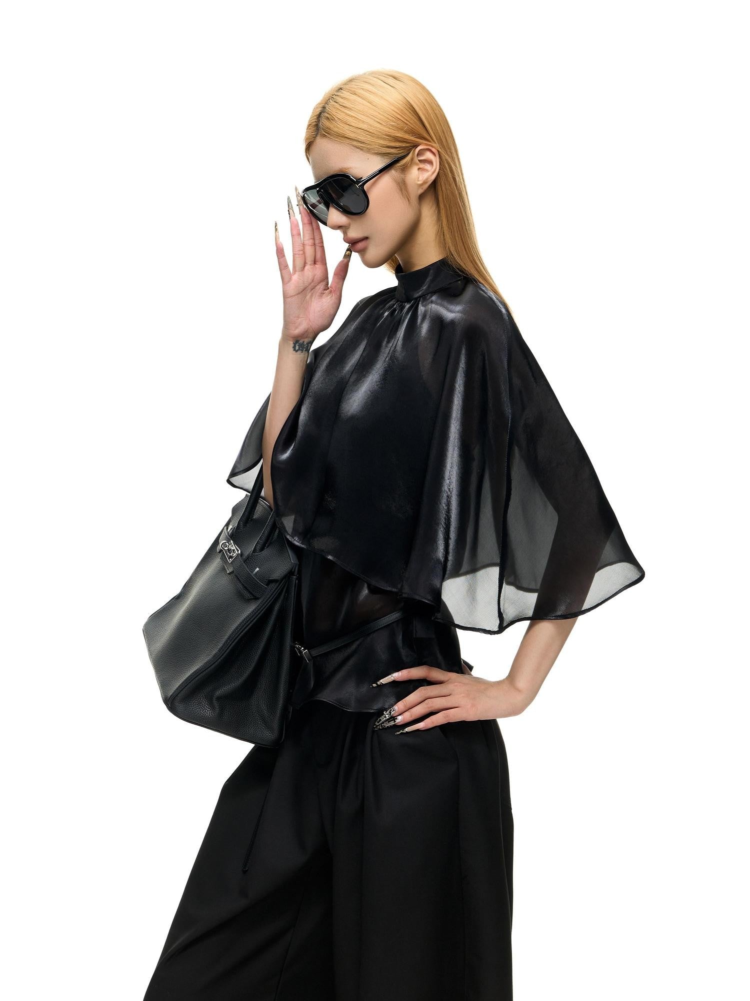 Fanptntox Black Mesh Shawl Cape Lace False Two Piece Women's Long Sleeve T-shirts