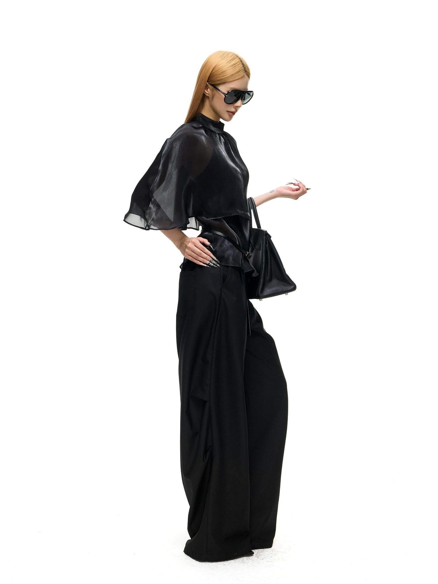 Fanptntox Black Mesh Shawl Cape Lace False Two Piece Women's Long Sleeve T-shirts