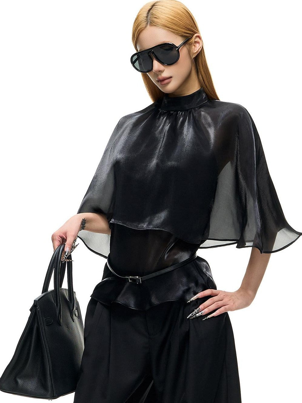 Fanptntox Black Mesh Shawl Cape Lace False Two Piece Women's Long Sleeve T-shirts