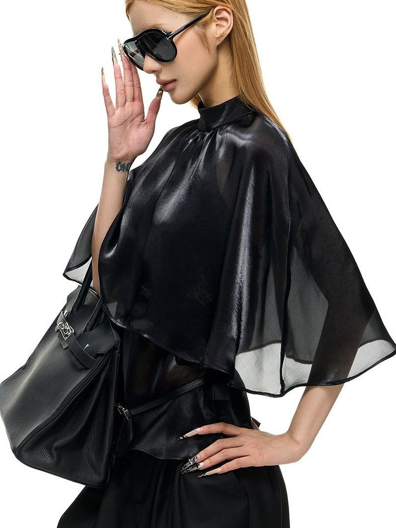 Fanptntox Black Mesh Shawl Cape Lace False Two Piece Women's Long Sleeve T-shirts