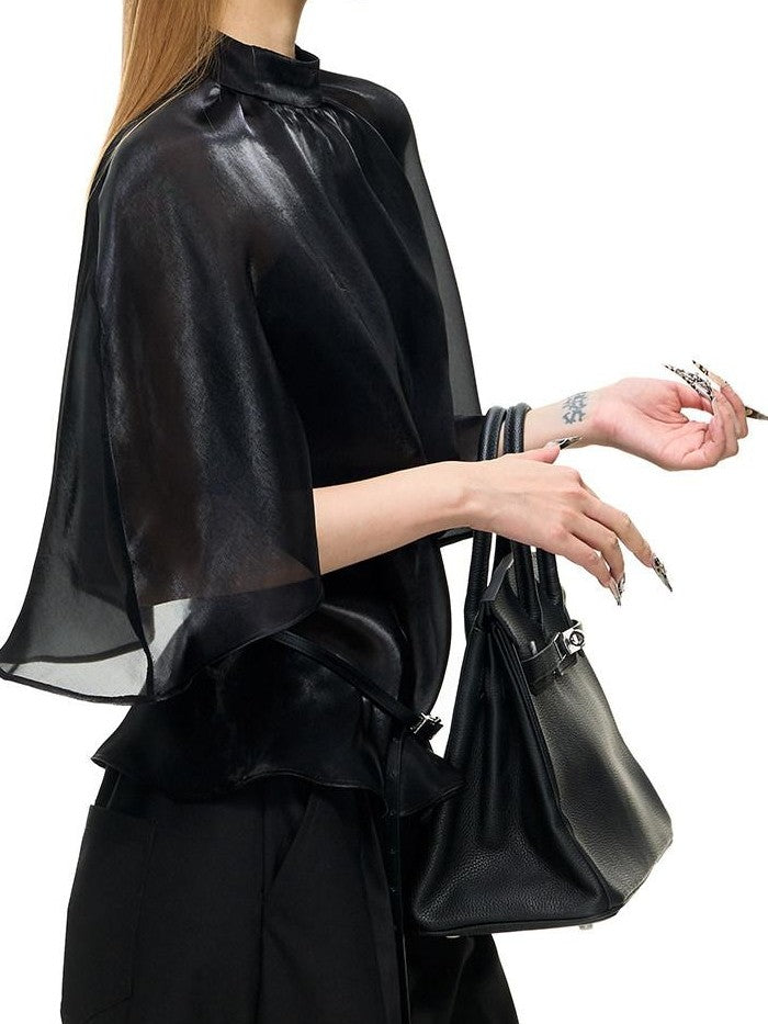 Fanptntox Black Mesh Shawl Cape Lace False Two Piece Women's Long Sleeve T-shirts