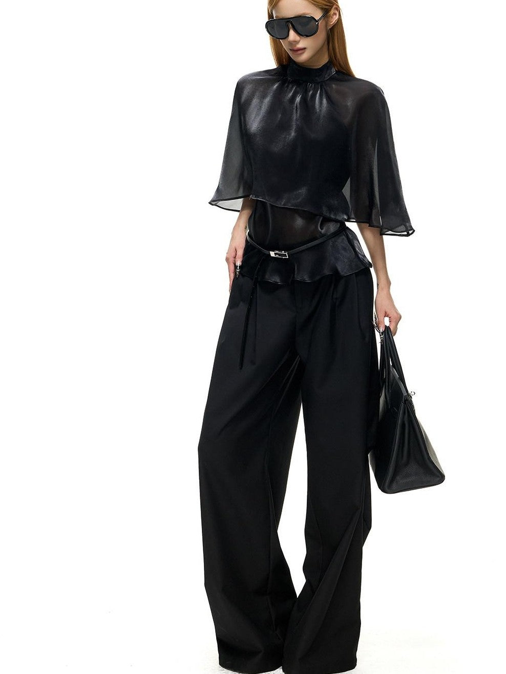 Fanptntox Black Mesh Shawl Cape Lace False Two Piece Women's Long Sleeve T-shirts