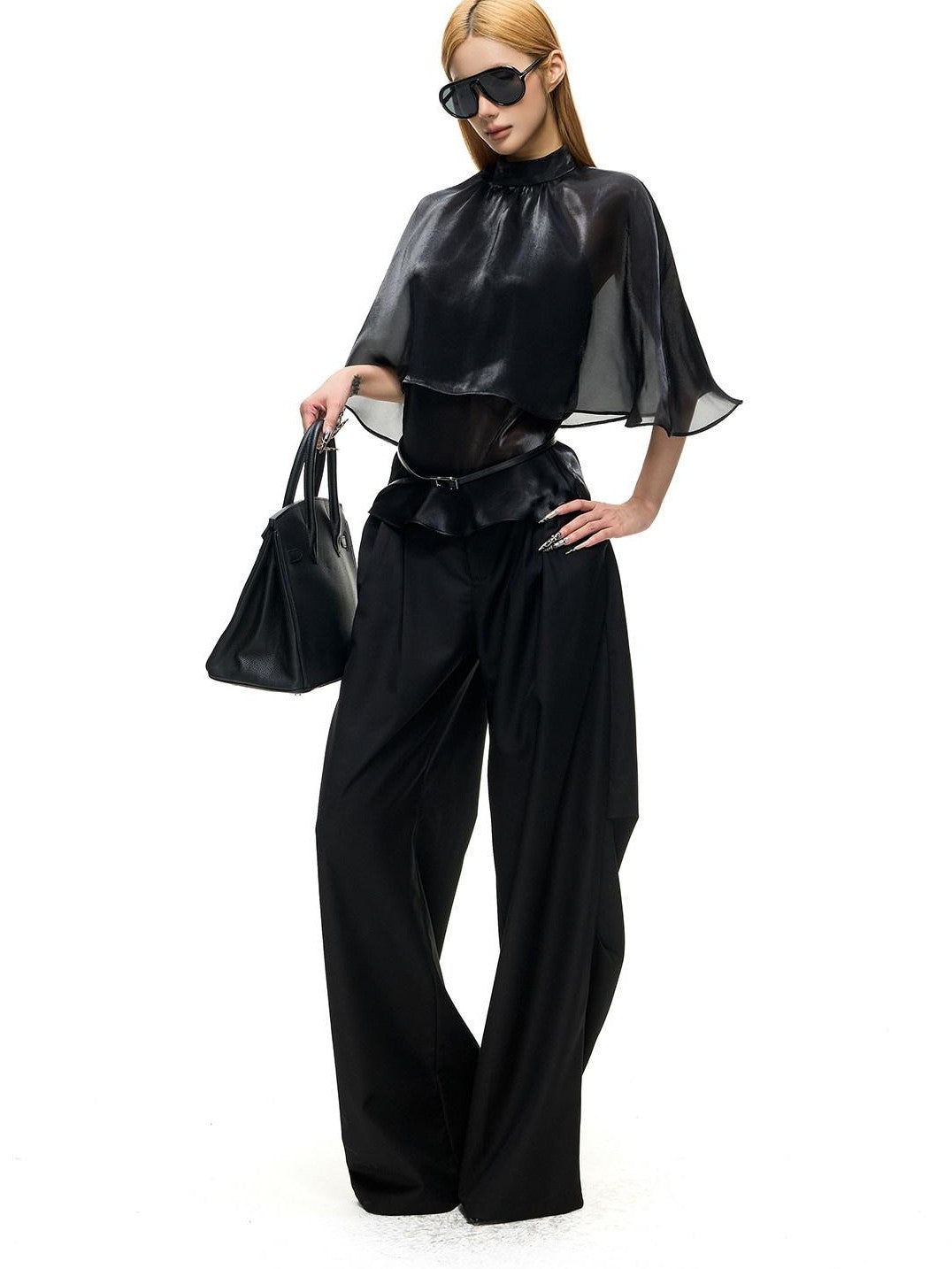 Fanptntox Black Mesh Shawl Cape Lace False Two Piece Women's Long Sleeve T-shirts