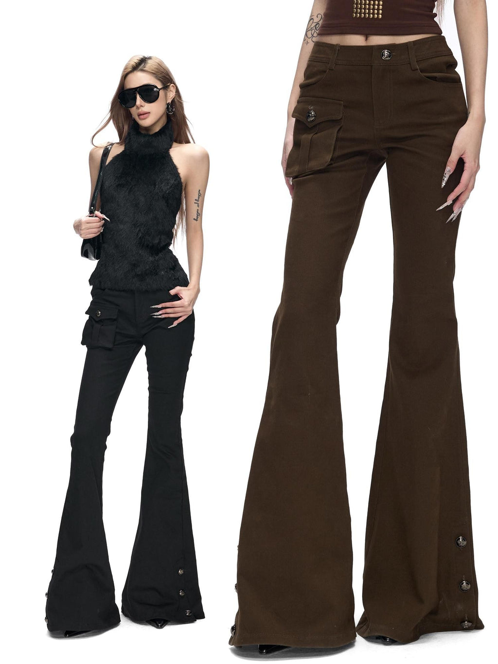 Fanptntox Black Metal Buckle Slit Low Waist Slim Cargo Women's Cotton Bootcut Pants