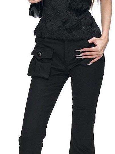 Fanptntox Black Metal Buckle Slit Low Waist Slim Cargo Women's Cotton Bootcut Pants
