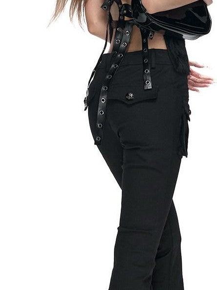 Fanptntox Black Metal Buckle Slit Low Waist Slim Cargo Women's Cotton Bootcut Pants