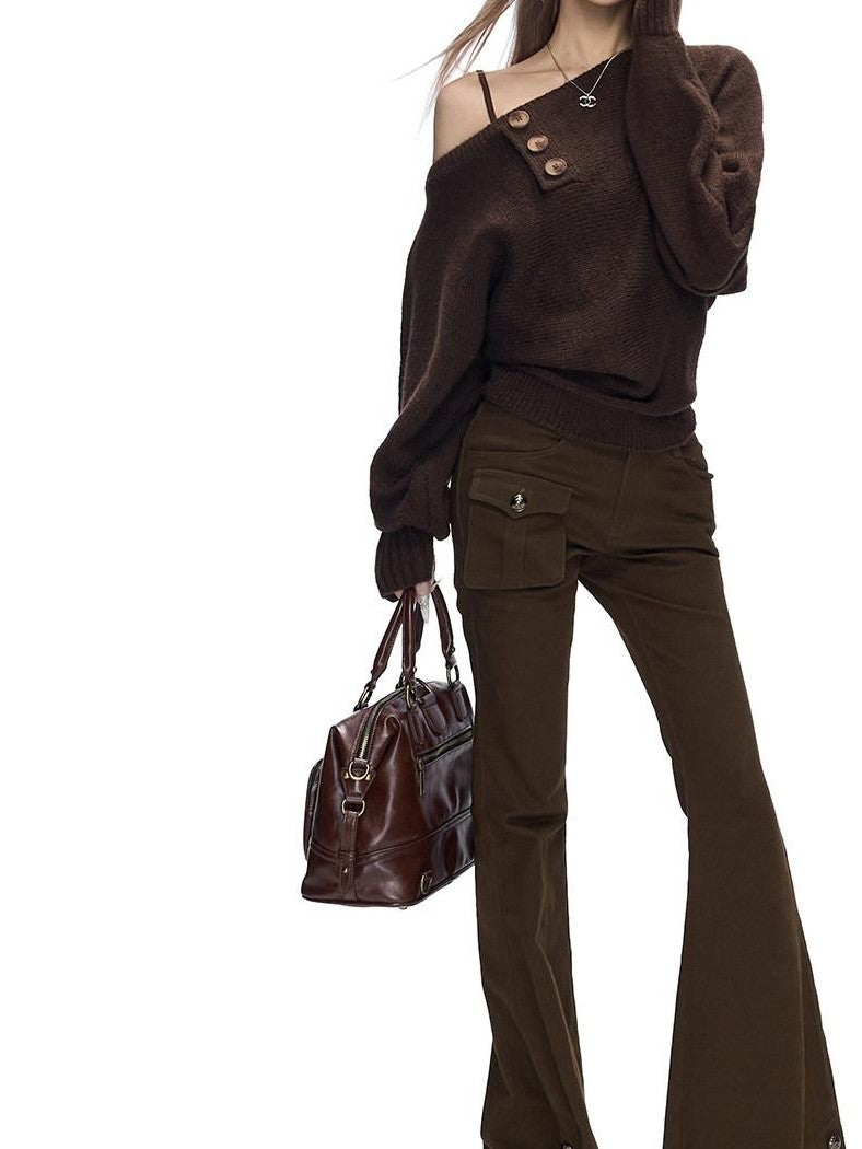 Fanptntox Black Metal Buckle Slit Low Waist Slim Cargo Women's Cotton Bootcut Pants