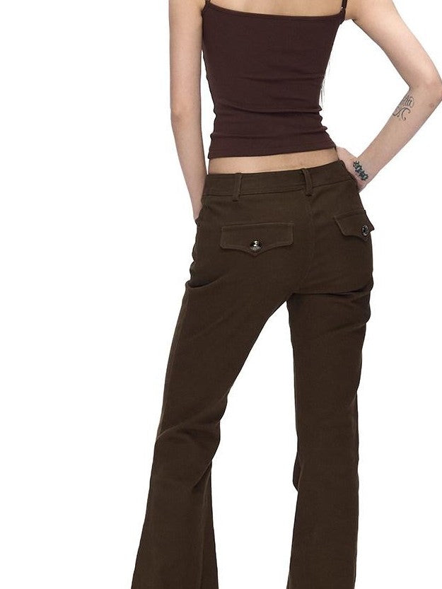 Fanptntox Black Metal Buckle Slit Low Waist Slim Cargo Women's Cotton Bootcut Pants