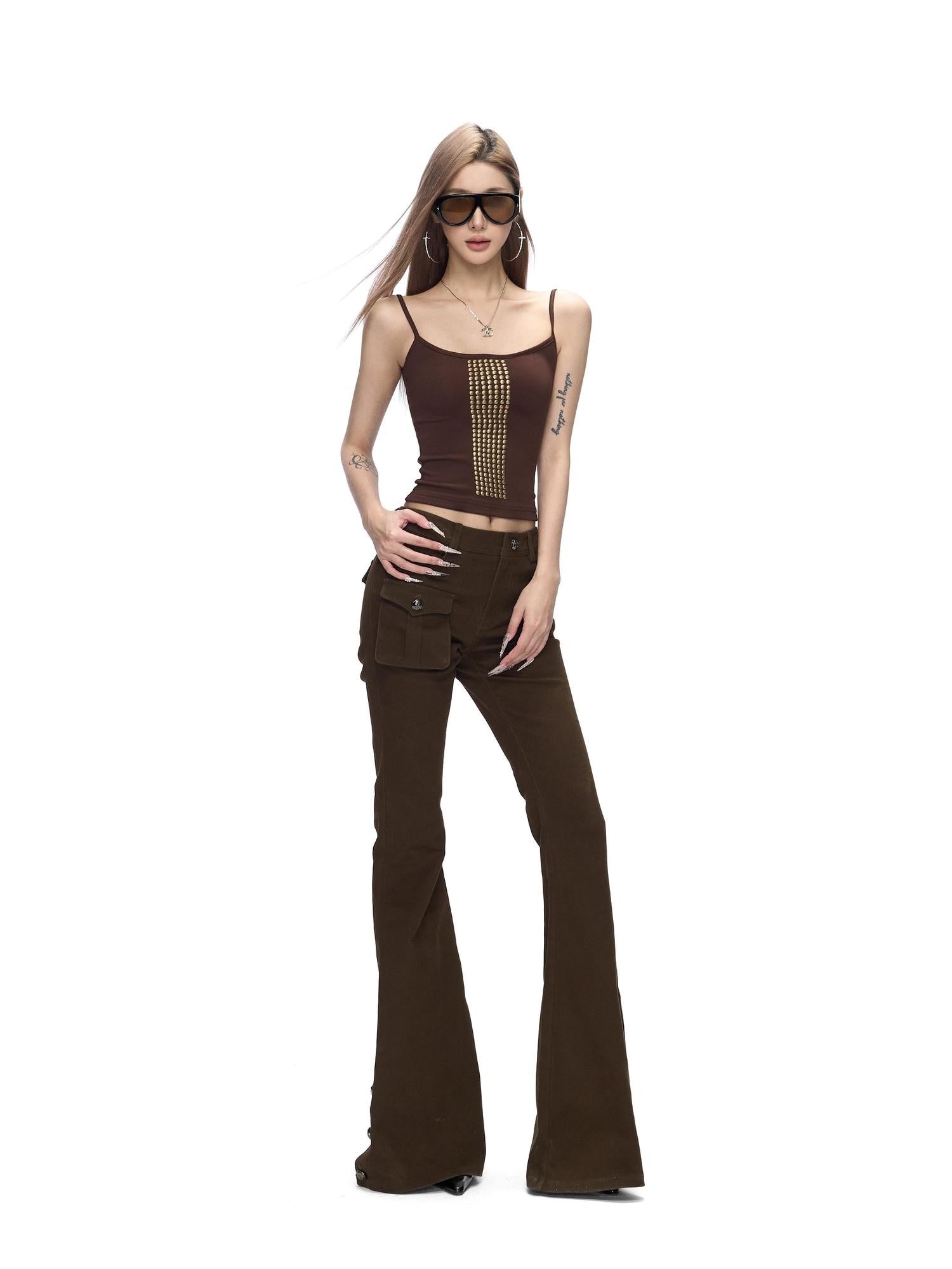 Fanptntox Black Metal Buckle Slit Low Waist Slim Cargo Women's Cotton Bootcut Pants