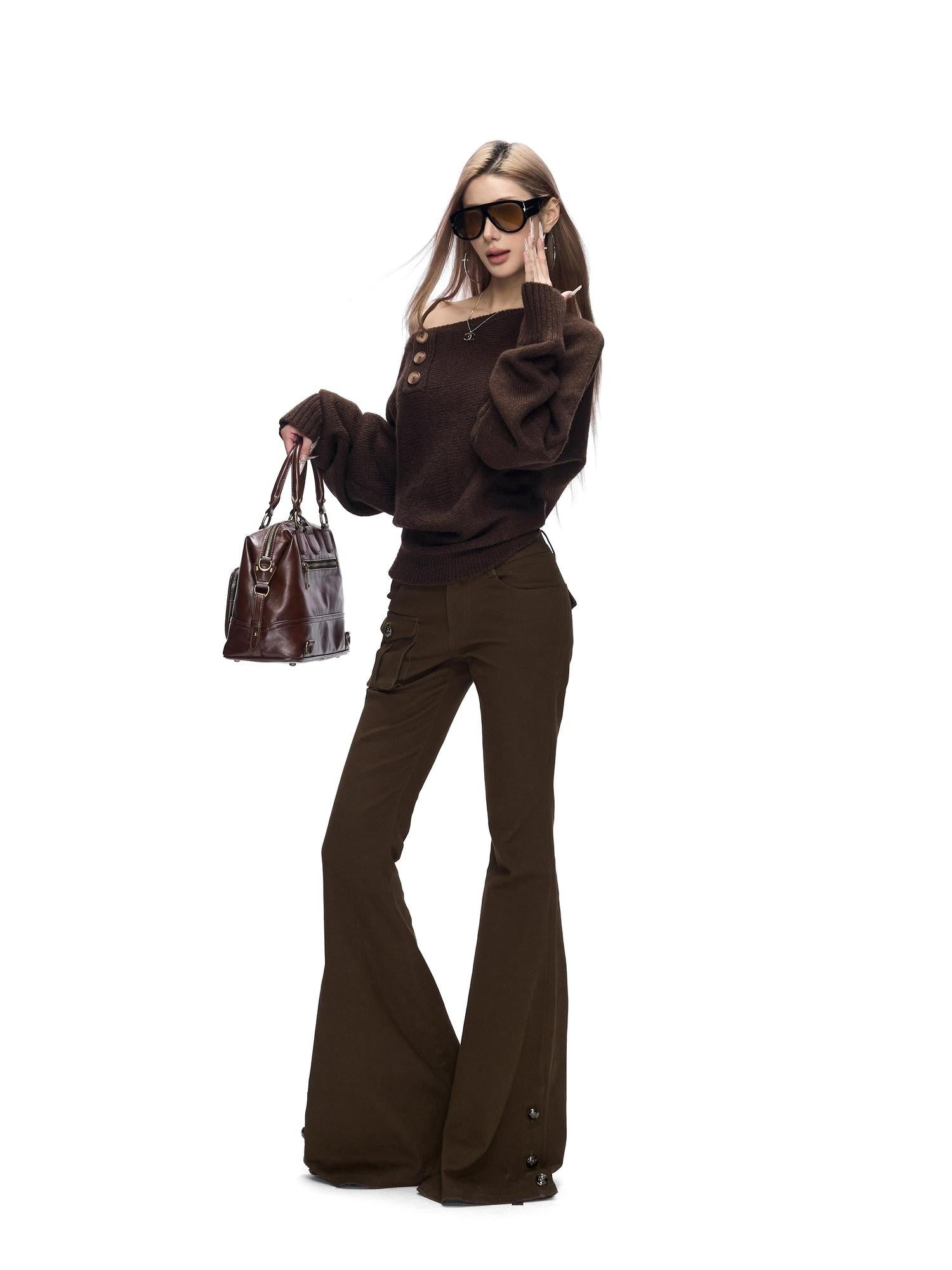 Fanptntox Black Metal Buckle Slit Low Waist Slim Cargo Women's Cotton Bootcut Pants