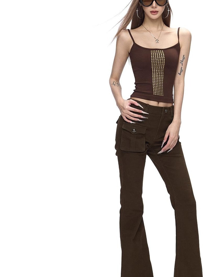 Fanptntox Black Metal Buckle Slit Low Waist Slim Cargo Women's Cotton Bootcut Pants