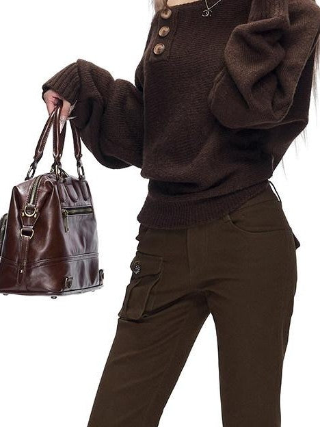 Fanptntox Black Metal Buckle Slit Low Waist Slim Cargo Women's Cotton Bootcut Pants