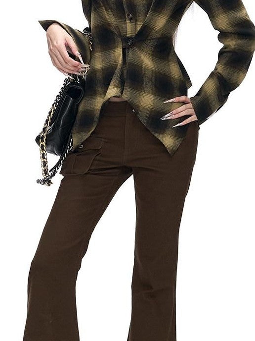 Fanptntox Black Metal Buckle Slit Low Waist Slim Cargo Women's Cotton Bootcut Pants