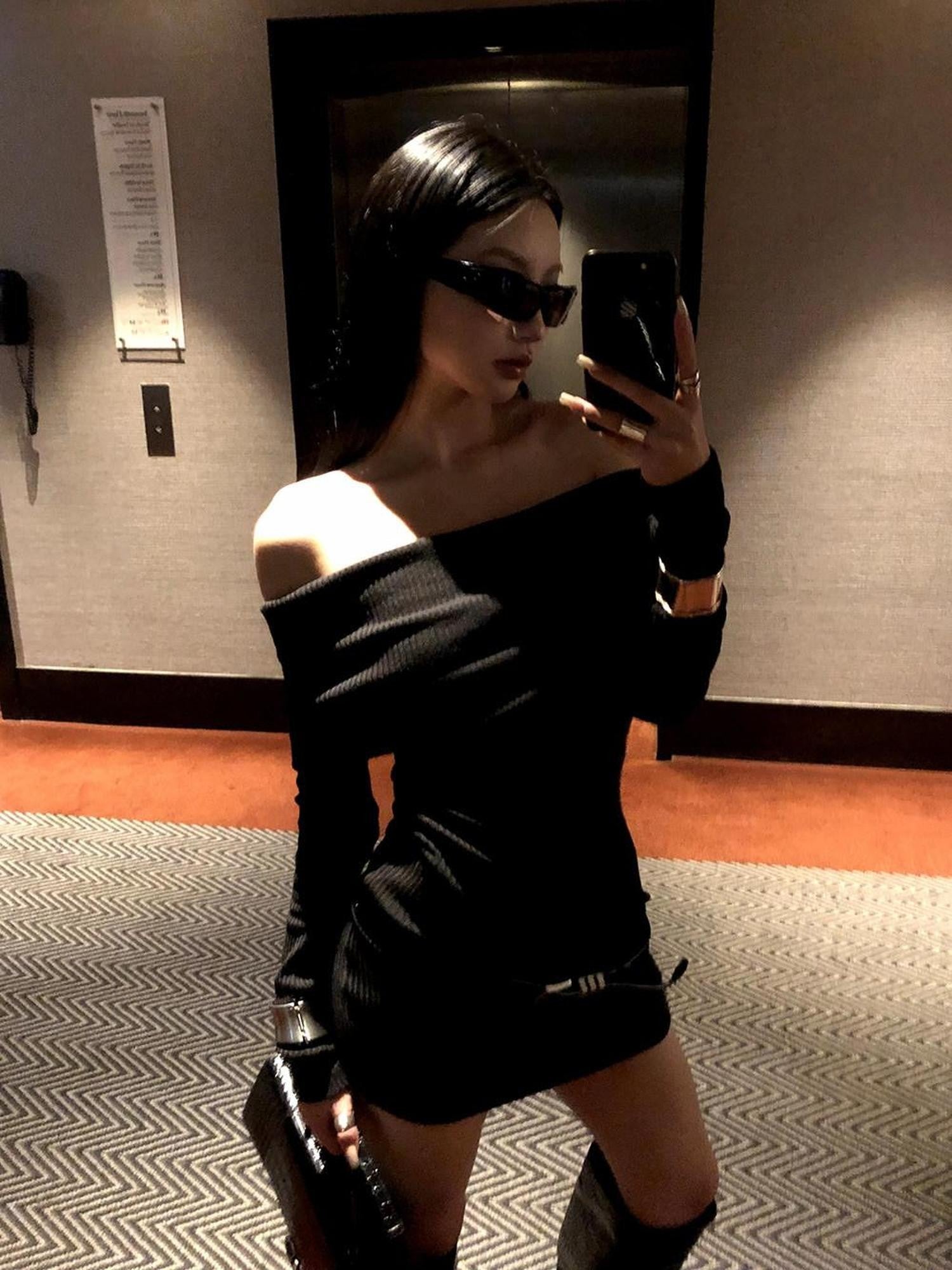 Fanptntox Black Off Shoulder Long Sleeve High Waist Solid Women's Bodycon Mini Dresses